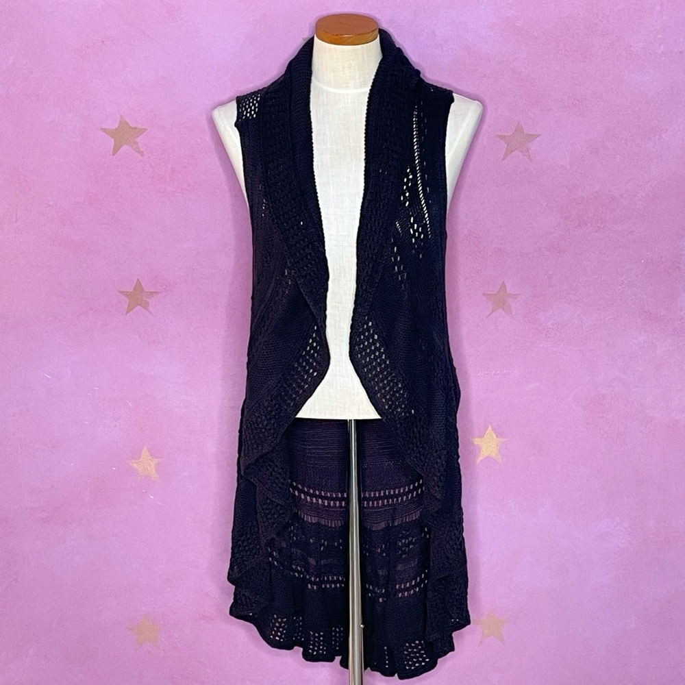 Beverly Drive Open Knit Waterfall Cardigan Sweater 1X Woman Sleeveless Black